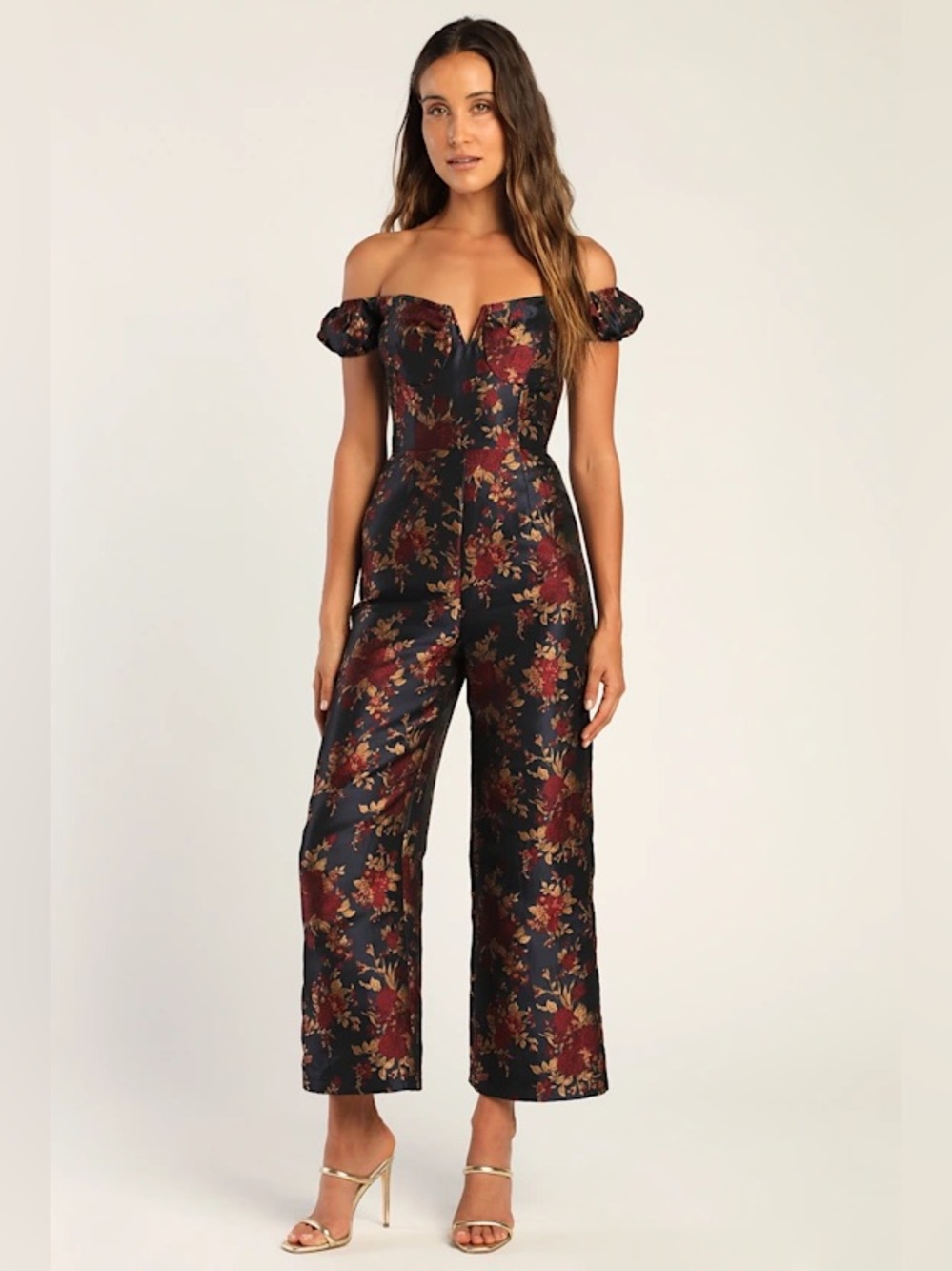 Lulus New Glam Midnight Blue Floral Jacquard Off-the-Shoulder Jumpsuit